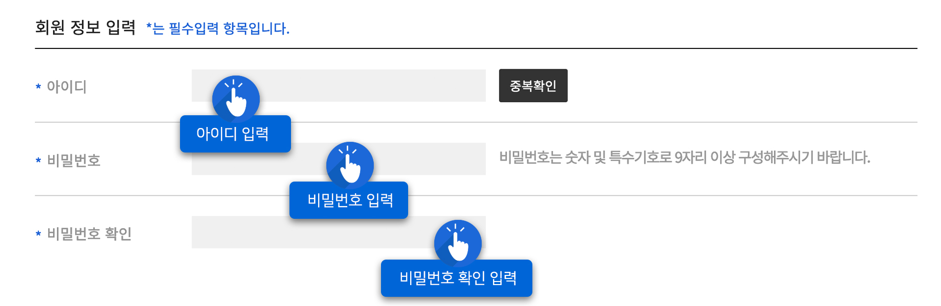 회원가입 정보 예시화면 : 1. 아이디 입력, 2. 비밀번호 입력, 3. 비밀번호 확인 입력