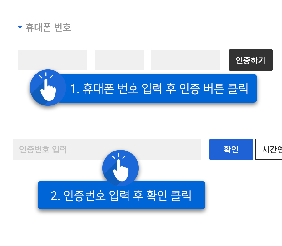 휴대폰 인증 예시화면 : 1. 휴대폰 번호 입력 후 인증 버튼 클릭, 2. 인증번호 입력 후 확인 클릭